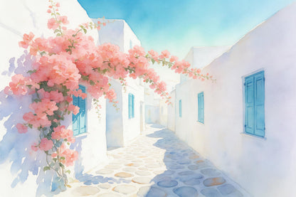 Mediterrane Gasse mit rosa Bougainvillea links und weissen Häusern, als Wandtuch, auf Stoff gedruckt – Rosa und Blau
