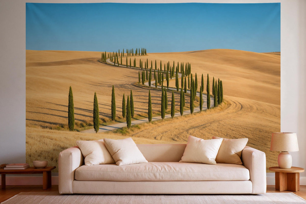 Tapiz de pared XXL Colinas mediterráneas con cipreses como decoración en un salón luminoso sobre el sofá