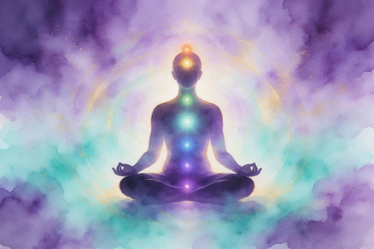 Silhouette en lotus avec sept points de chakras, tenture murale imprimée sur tissu – violet et turquoise