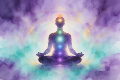 Silhouette en lotus avec sept points de chakras, tenture murale imprimée sur tissu – violet et turquoise