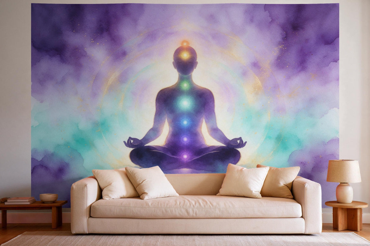 Déco murale dans un salon lumineux au-dessus du canapé : tenture murale Silhouette en méditation avec points de chakras, imprimée sur tissu