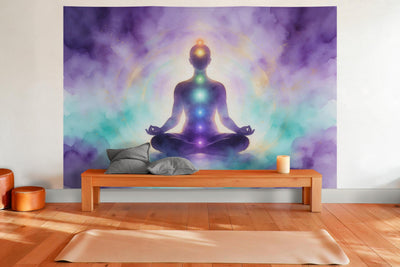 Tenture murale XXL Silhouette en méditation avec points de chakras en déco murale dans une salle de yoga
