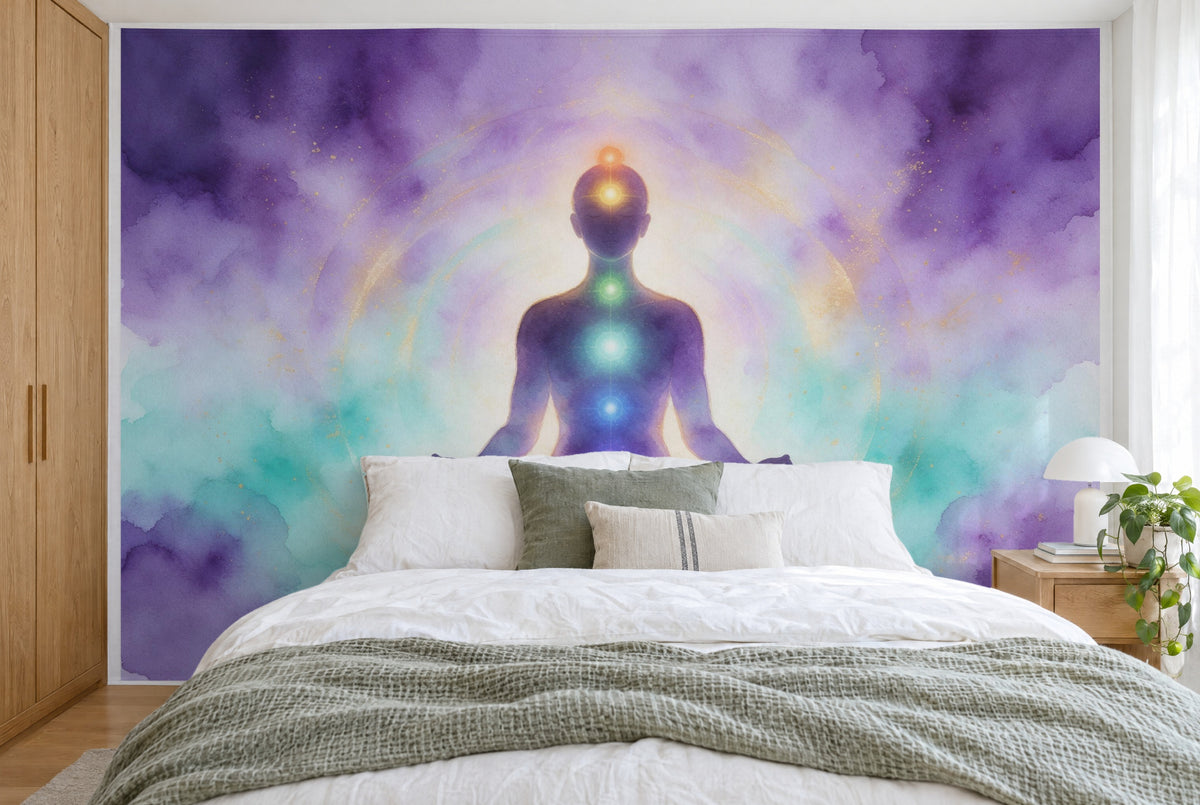 Grande tenture murale Silhouette en méditation avec points de chakras dans la chambre, sur tout le mur derrière le lit – tapisserie en tissu