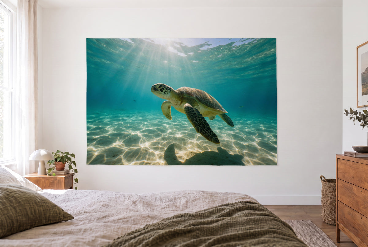 Sea turtle in sunlight tapestry in a bright bedroom opposite the bed, wooden dresser at right – turquoise