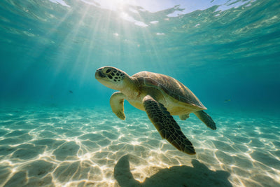 Sea turtle gliding under sun rays over a light sandy seabed in clear turquoise, tapestry printed on fabric