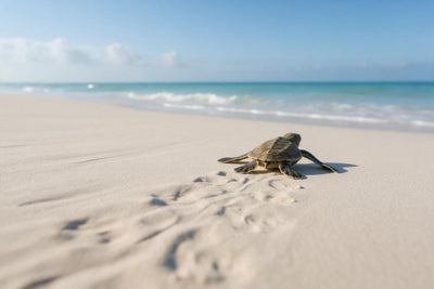Junge Meeresschildkröte rechts der Mitte auf hellem Sand vor dem Meer, als Wandtuch, auf Stoff gedruckt – Beige und Türkis