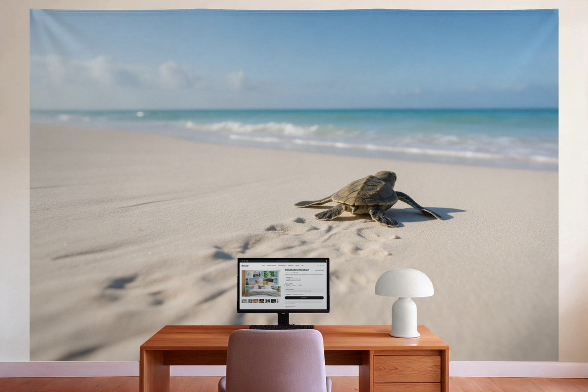 Decoración de pared en la oficina detrás del escritorio: tapiz de tela Tortuga marina en la playa