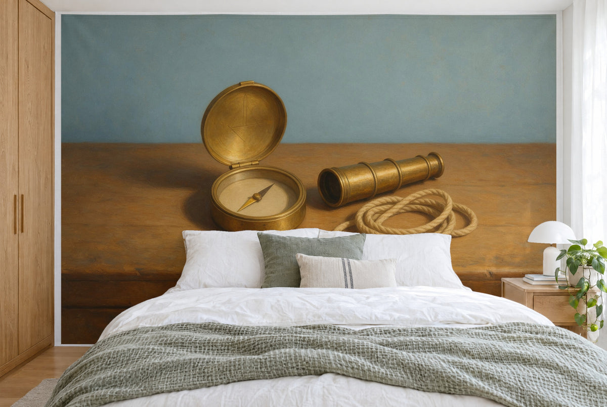XXL printed fabric: brass compass with telescope and rope on the chest, filling the wall behind the bed