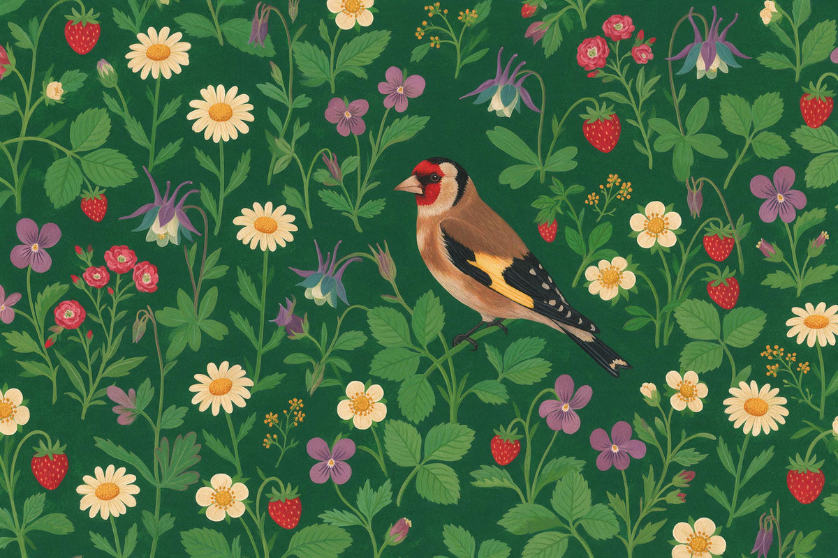Medieval strewn flowers with Distelfink on deep green ground, as a tapestry printed on fabric – green and red