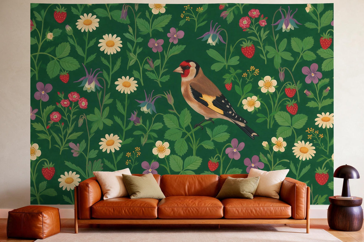 XXL wall tapestry Medieval Strewn Flowers with Distelfink as wall decor in a cosy living room above the leather sofa