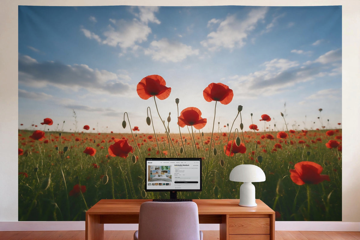 Decoración de pared en la oficina detrás del escritorio: tapiz de tela Campo de amapolas bajo cielo de verano