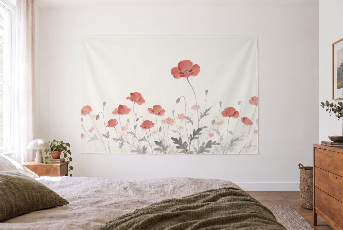 Poppy field in ink tapestry in a bright bedroom opposite the bed, wooden dresser at right – red and white