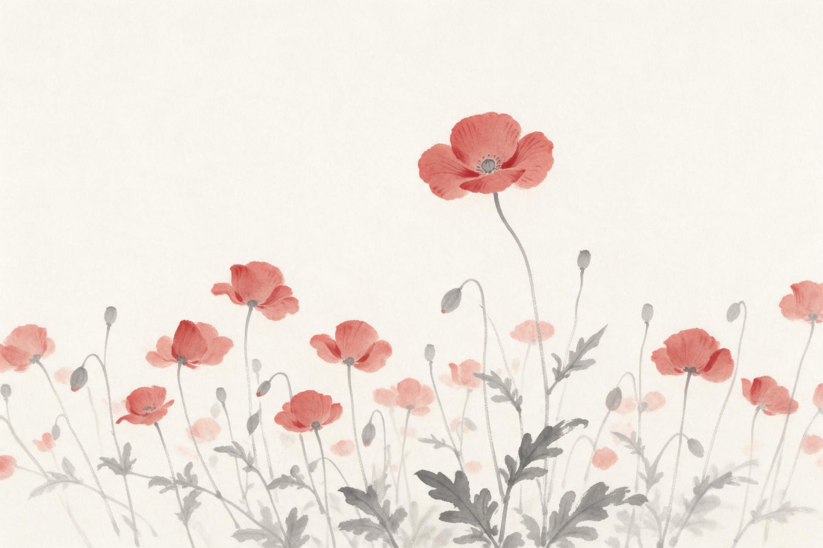 Poppies: one tall red bloom above the field in ink, tapestry printed on fabric – red and grey