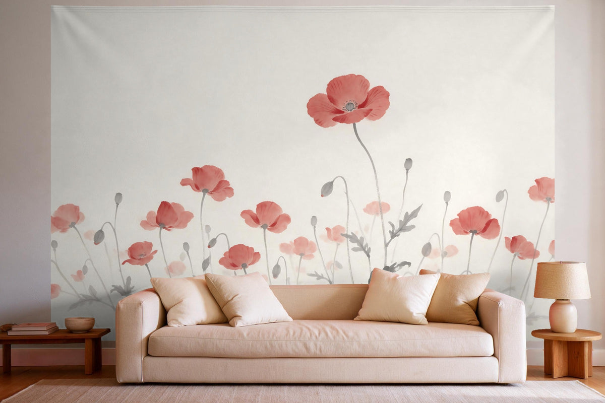 Wall decor in a bright living room above the sofa: printed fabric tapestry Poppy Field in Ink