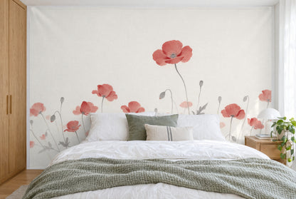 XXL printed fabric: tall red poppy above the field, filling the wall behind the bed