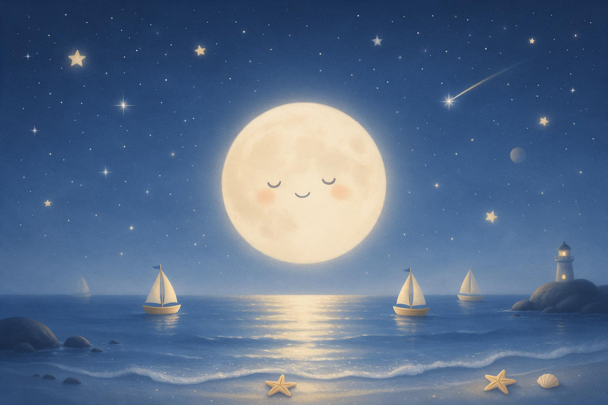 Lune bienveillante sur une mer calme avec voiliers et étoiles de mer sur la plage, tenture murale imprimée sur tissu – bleu