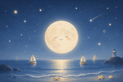Lune bienveillante sur une mer calme avec voiliers et étoiles de mer sur la plage, tenture murale imprimée sur tissu – bleu