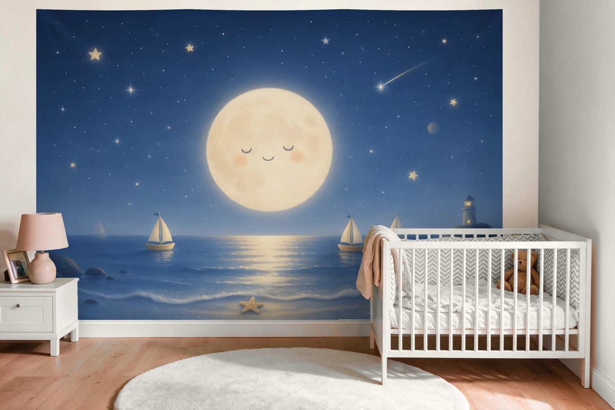 Tenture murale XXL Lune et étoiles sur la mer en déco murale dans la chambre de bébé au-dessus du lit