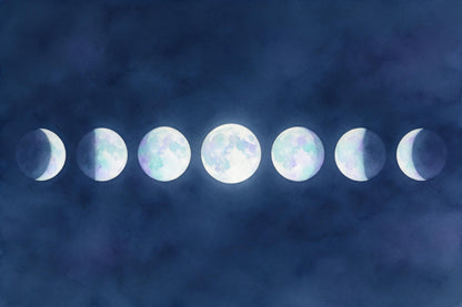 Seven moon phases in watercolor in a row on night blue, full moon in the center, tapestry printed on fabric – blue