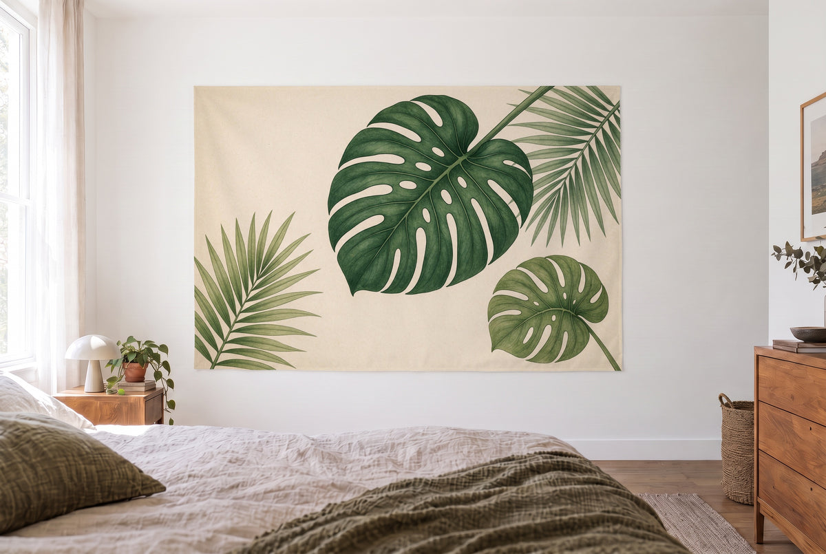 Wandtuch Monstera als botanische Illustration im hellen Schlafzimmer gegenüber dem Bett, rechts eine Holzkommode – Grün