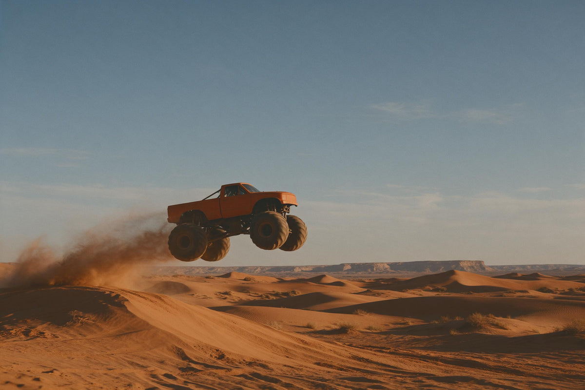Orange monster truck jumping over a sand dune in a vast desert, tapestry printed on fabric – orange and blue
