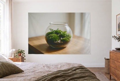 Moss Terrarium tapestry in a bright bedroom opposite the bed, a wooden dresser on the right – green, white and brown