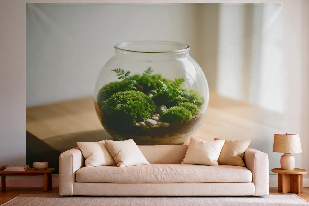 Wandtuch XXL Moos-Terrarium im Glas als Wanddeko im hellen Wohnzimmer über dem Sofa