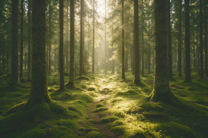 Denso bosque de abetos con troncos musgosos, manchas de luz y sendero, tapiz impreso en tela – verde y marrón