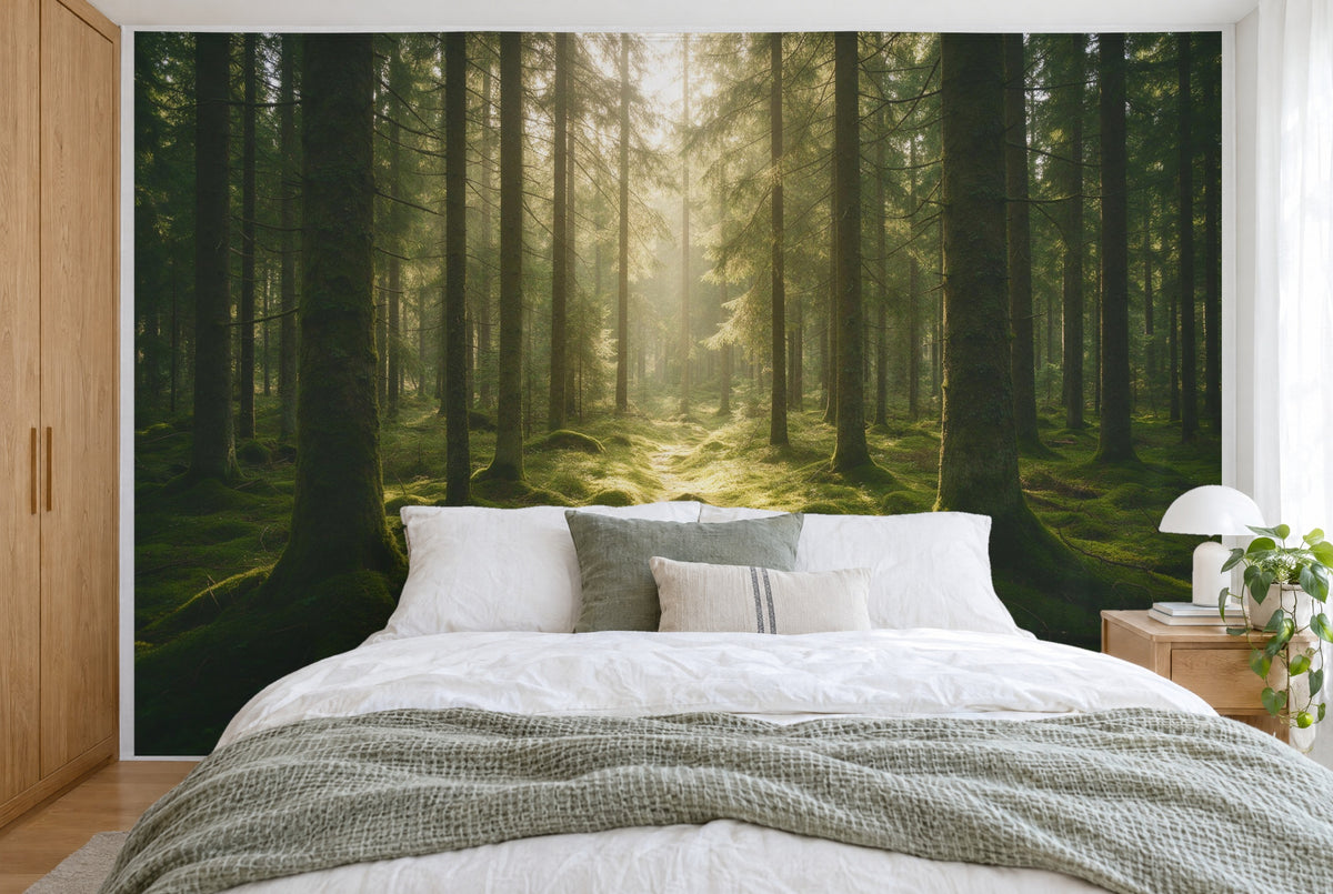 Tela impresa XXL: bosque de abetos musgoso con luz dorada y sendero, cubriendo la pared tras la cama
