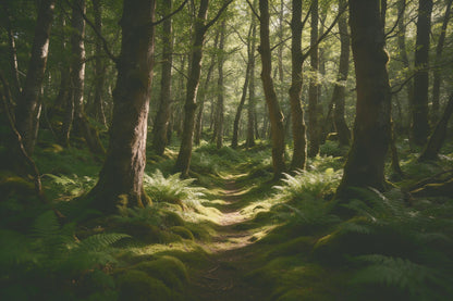 Mooswald mit Farnen und warmen Lichtflecken am Waldpfad, als Wandtuch, auf Stoff gedruckt – Grün und Braun