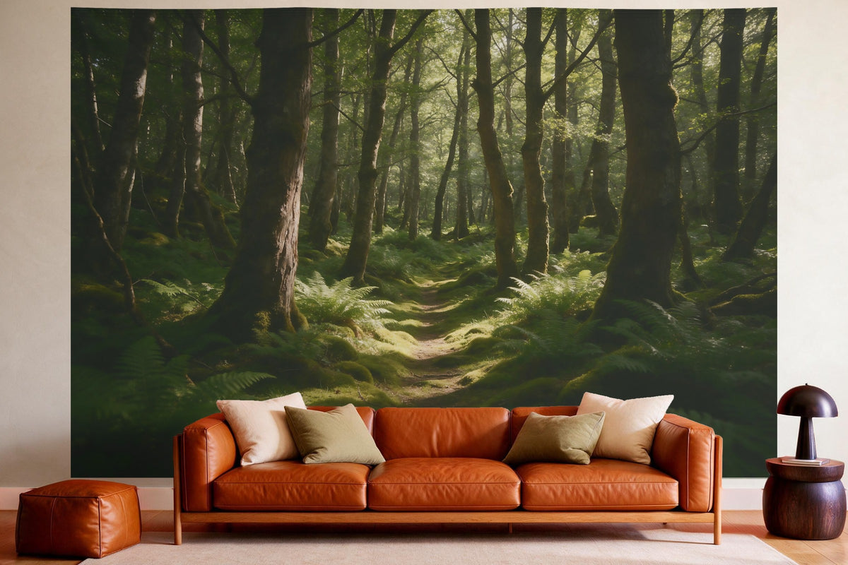 XXL wall tapestry Moss Forest with Ferns and Light Spots as wall decor in a cosy living room above the leather sofa