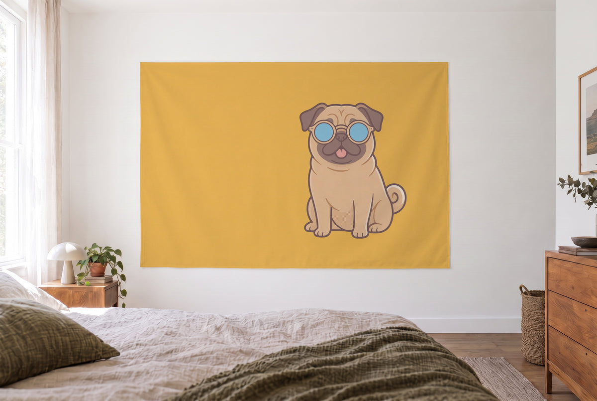 Pug with Sunglasses tapestry in the bright bedroom opposite the bed, wooden dresser at right – yellow, blue and beige