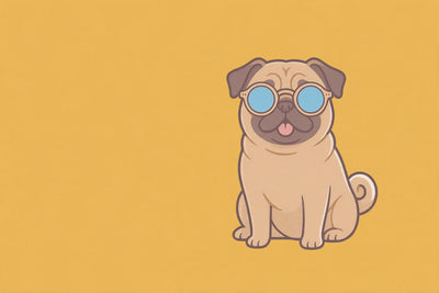 Pug with round sky-blue sunglasses against mustard yellow, tapestry printed on fabric – yellow, blue and beige