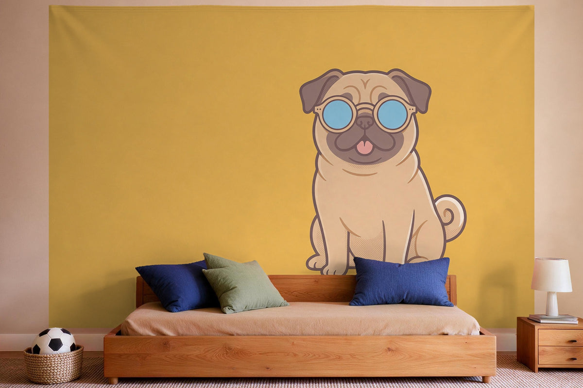 Wanddeko im Jungen-Kinderzimmer: Wandtuch Mops mit Sonnenbrille, auf Stoff gedruckt