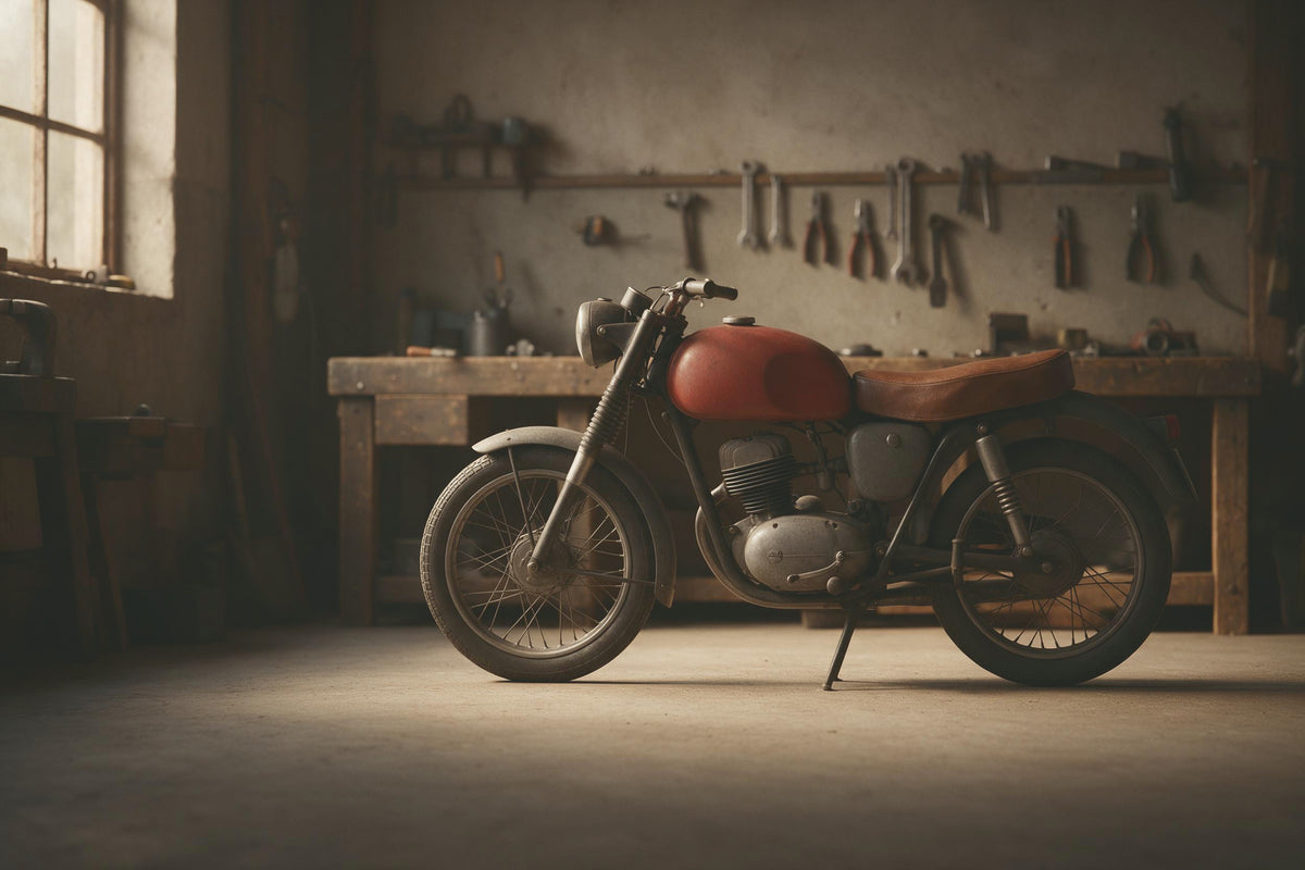 Moto clásica color óxido a la derecha en un viejo taller ante un banco de madera, tapiz impreso en tela – rojo y gris