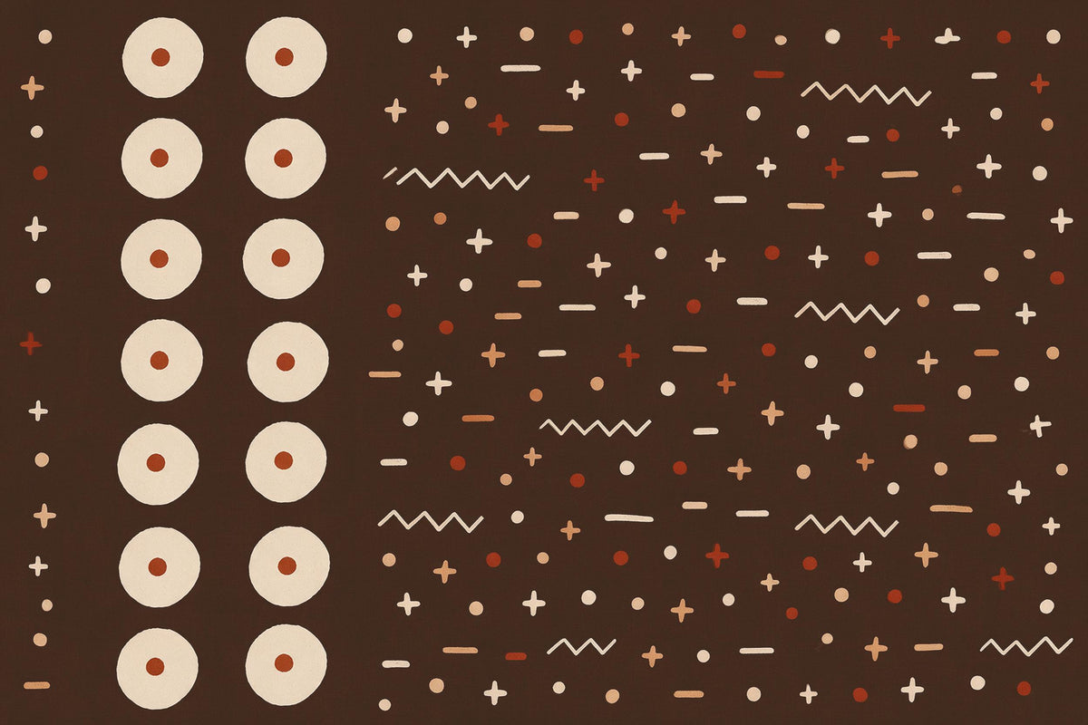 Boho-Muster mit Punktkreisen, Kreuzen und Zickzacklinien auf Espressobraun, als Wandtuch, auf Stoff gedruckt – Creme und Rot