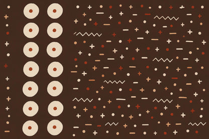 Boho-Muster mit Punktkreisen, Kreuzen und Zickzacklinien auf Espressobraun, als Wandtuch, auf Stoff gedruckt – Creme und Rot