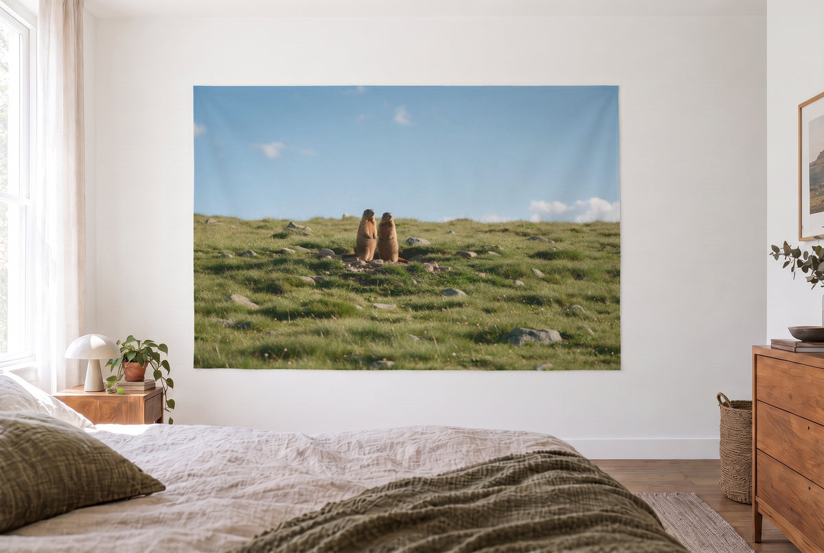 Marmots by their burrow tapestry in a bright bedroom opposite the bed, wooden dresser on the right – green and blue