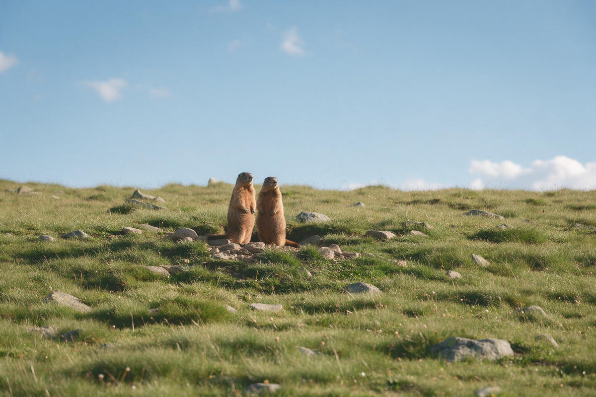 Two marmots upright by their burrow on a green alpine meadow, tapestry printed on fabric – brown and green