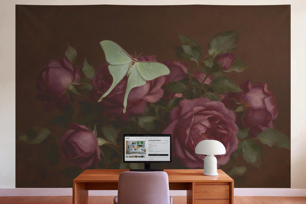 Wall decor in a home office behind the desk: printed fabric tapestry Moth on Dark Roses