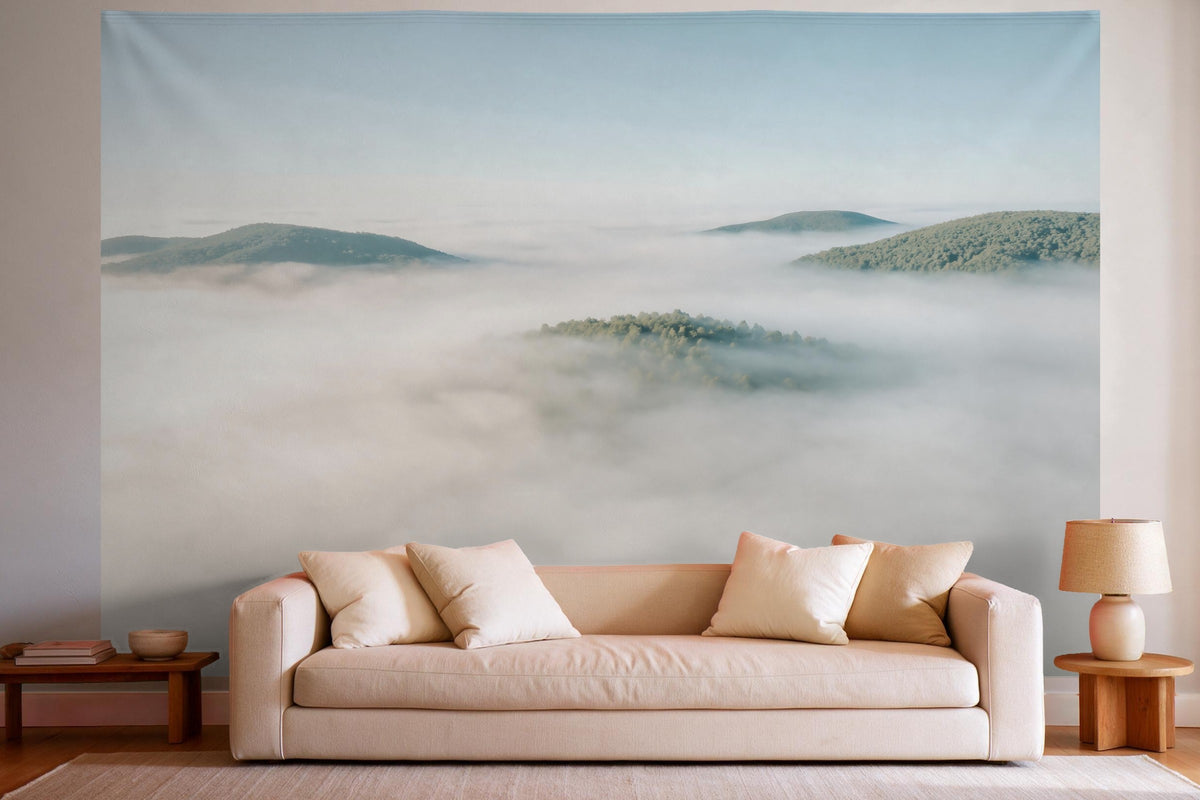 Decoración de pared en un salón luminoso sobre el sofá: tapiz de tela Mar de niebla sobre el valle forestal