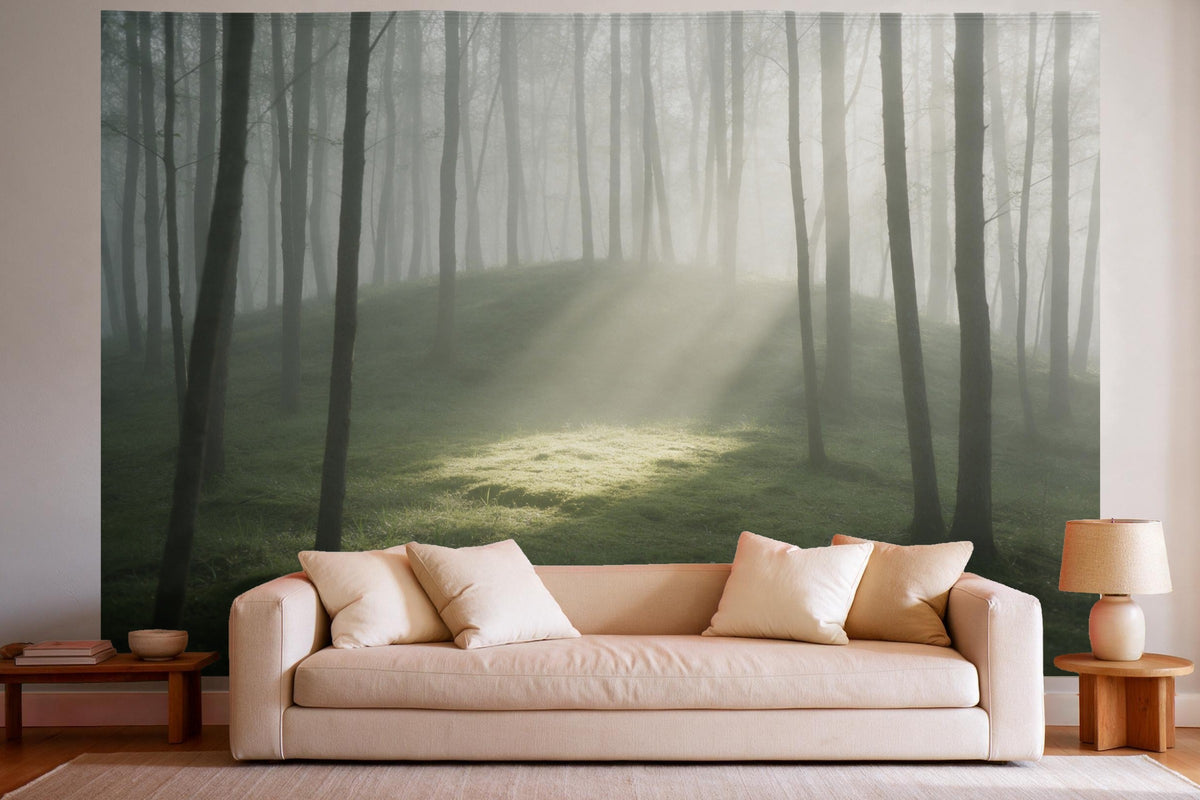Wandtuch XXL Nebelwald mit Lichtstrahlen als Wanddeko im hellen Wohnzimmer über dem Sofa