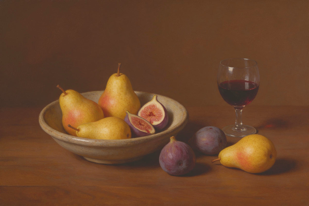 Coupe de fruits avec figues coupées et poires près d'un verre de vin, tenture murale imprimée sur tissu – violet