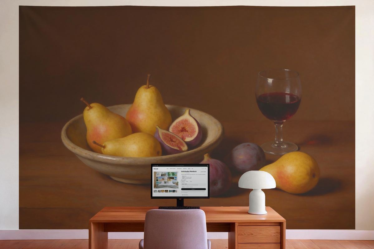 Decoración de pared en la oficina detrás del escritorio: tapiz de tela Frutero con higos y peras