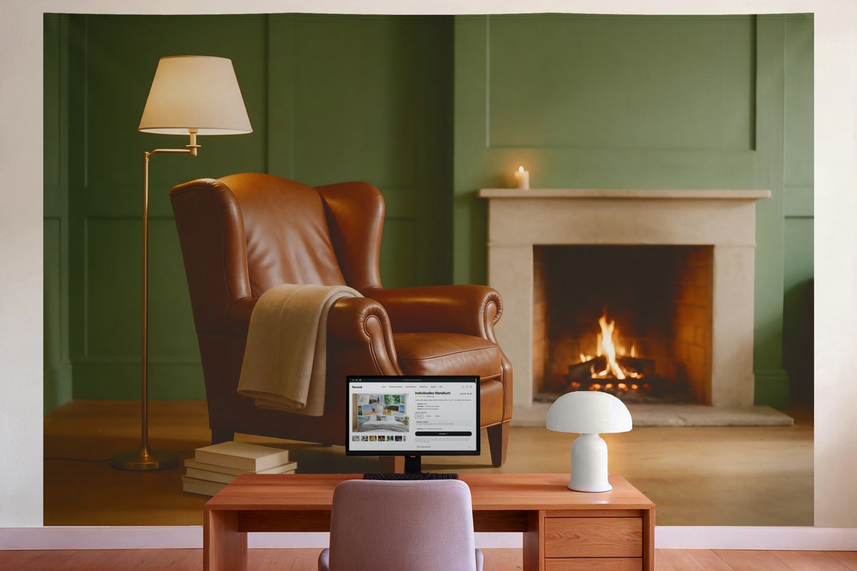 Wall decor in a home office behind the desk: printed fabric tapestry Wingback Chair by the Fireplace