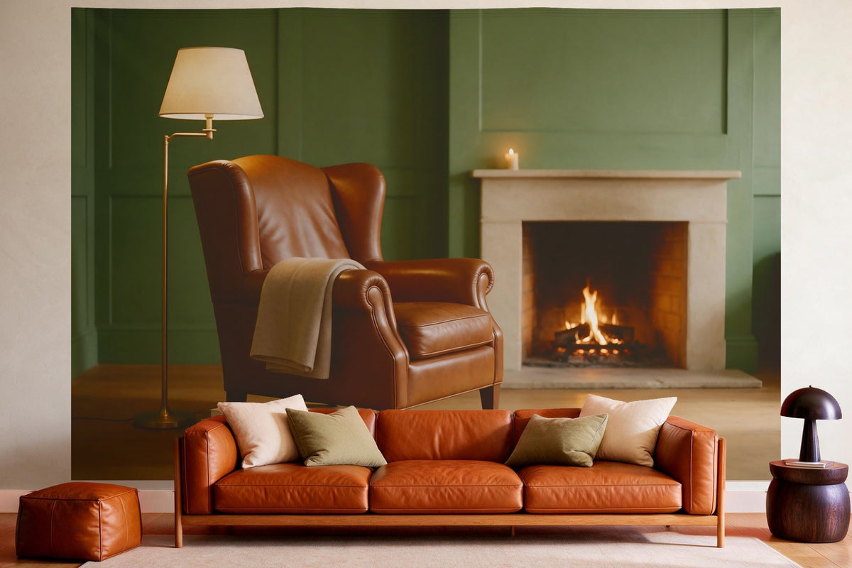 XXL wall tapestry Wingback Chair by the Fireplace as wall decor in a cosy living room above the leather sofa