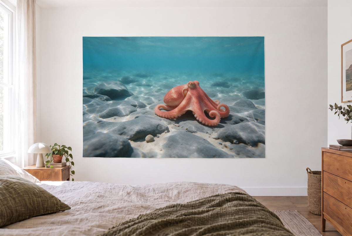 Tenture murale pieuvre sur fond rocheux dans la chambre claire face au lit, commode en bois à droite – rouge et turquoise