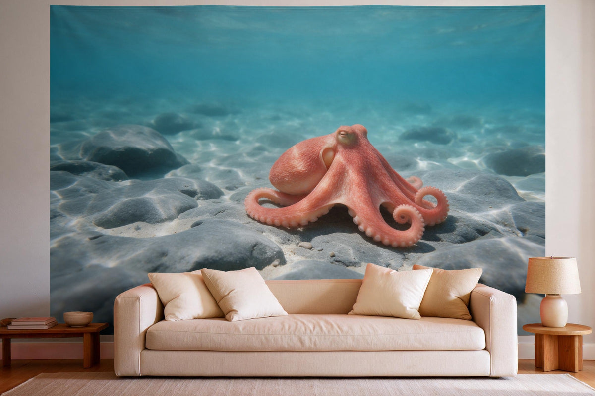 Wandtuch XXL Oktopus auf dem Felsgrund als Wanddeko im hellen Wohnzimmer über dem Sofa