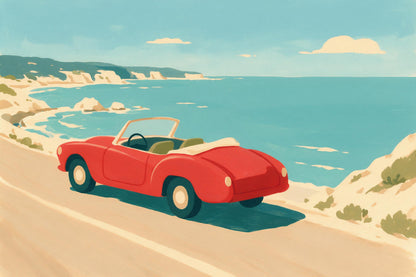 Rotes Oldtimer-Cabrio an einer Küstenstrasse über dem türkisblauen Meer, als Wandtuch, auf Stoff gedruckt – Rot und Türkis