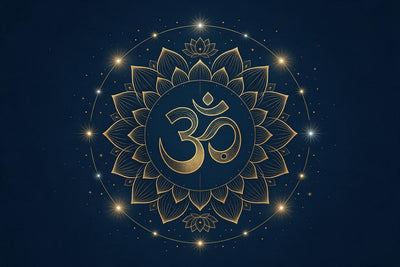 Golden Om symbol in a lotus wreath under an arc of sparkling stars on night blue, tapestry printed on fabric – gold